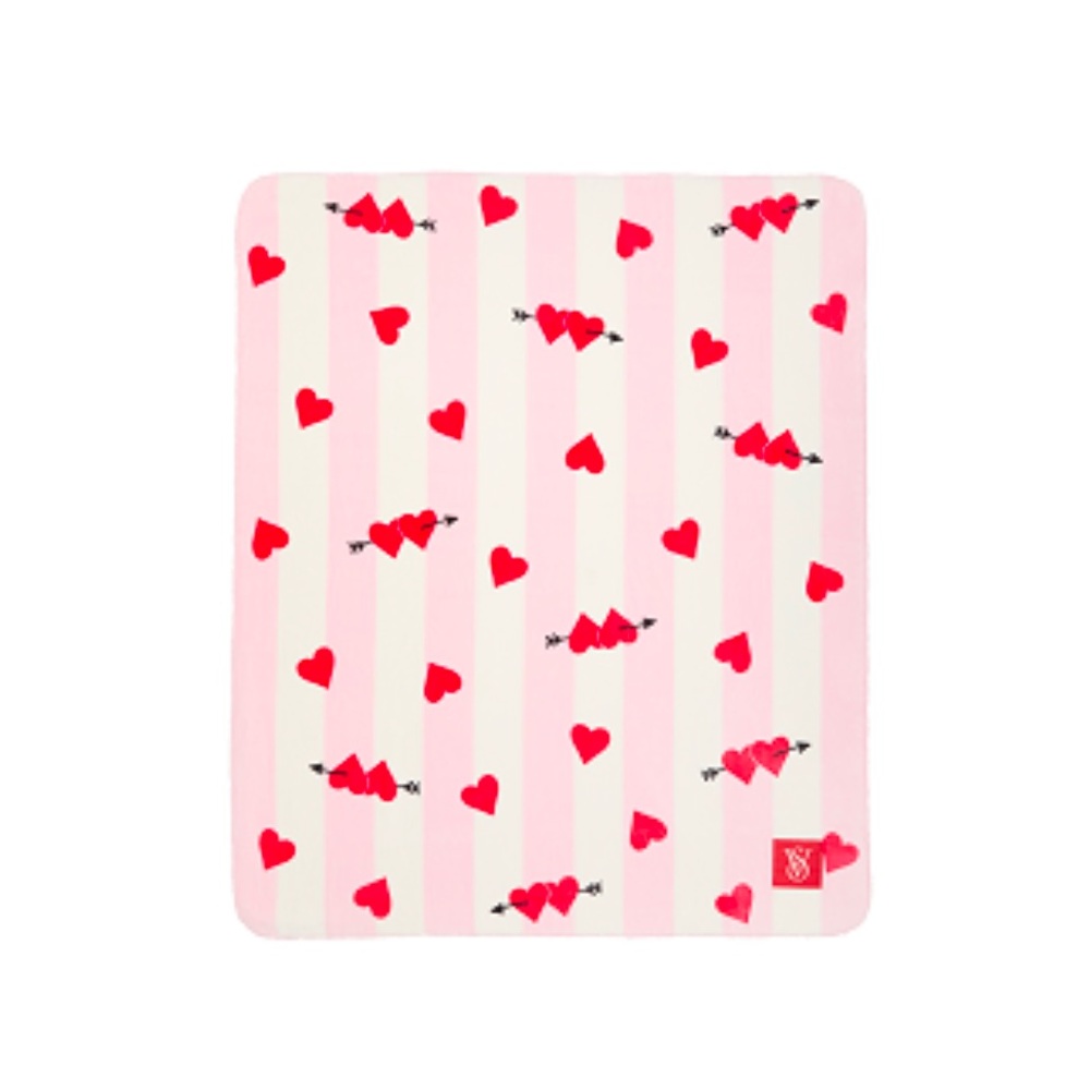 🆕 Pink and White Striped Cozy Fleece Blanket with Red Hearts
